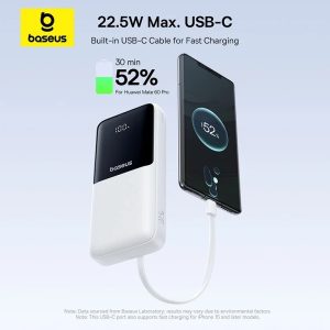پاوربانک 20000 باسئوس Baseus Lipow Dual-Cable P10079102123-00 توان 22.5 وات با 2 کابل متصل
